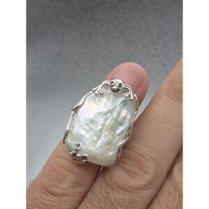 Natural Baroque pearl 925 sterling Silver Sapphire Ring Size 5